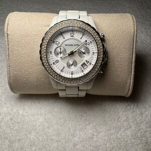Michael Kors MK-5300 White Chronograph Watch Crystal Bezel Womens Luxury Sport